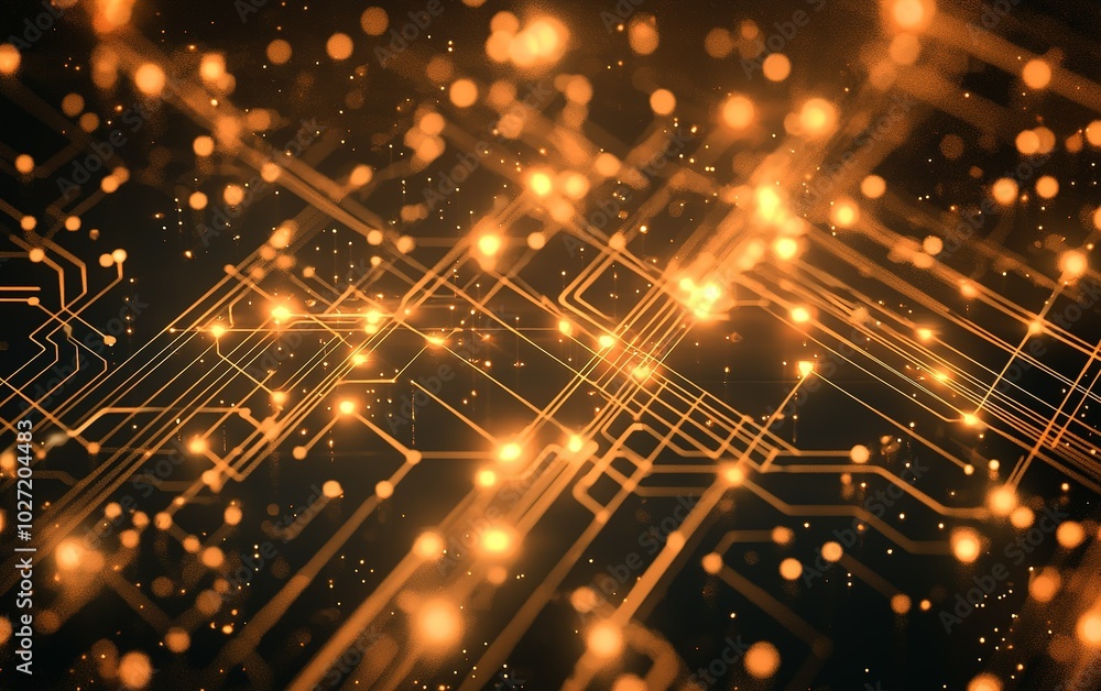 Poster abstract representation of electronic circuits with glowing nodes and intricate paths in a dark back