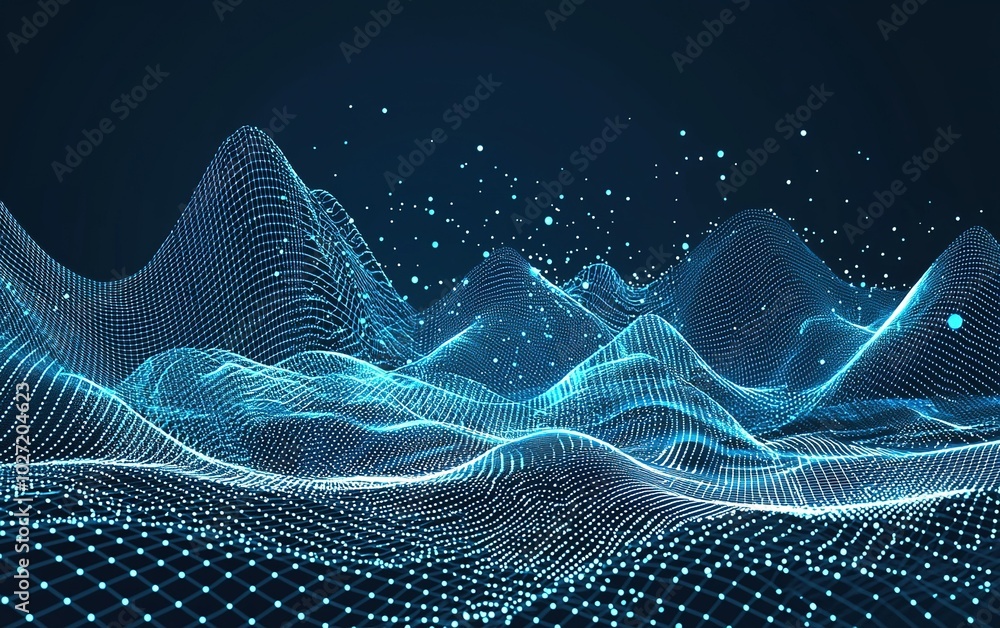Poster digital landscape of interconnected waves and particles in a futuristic blue setting representing ad