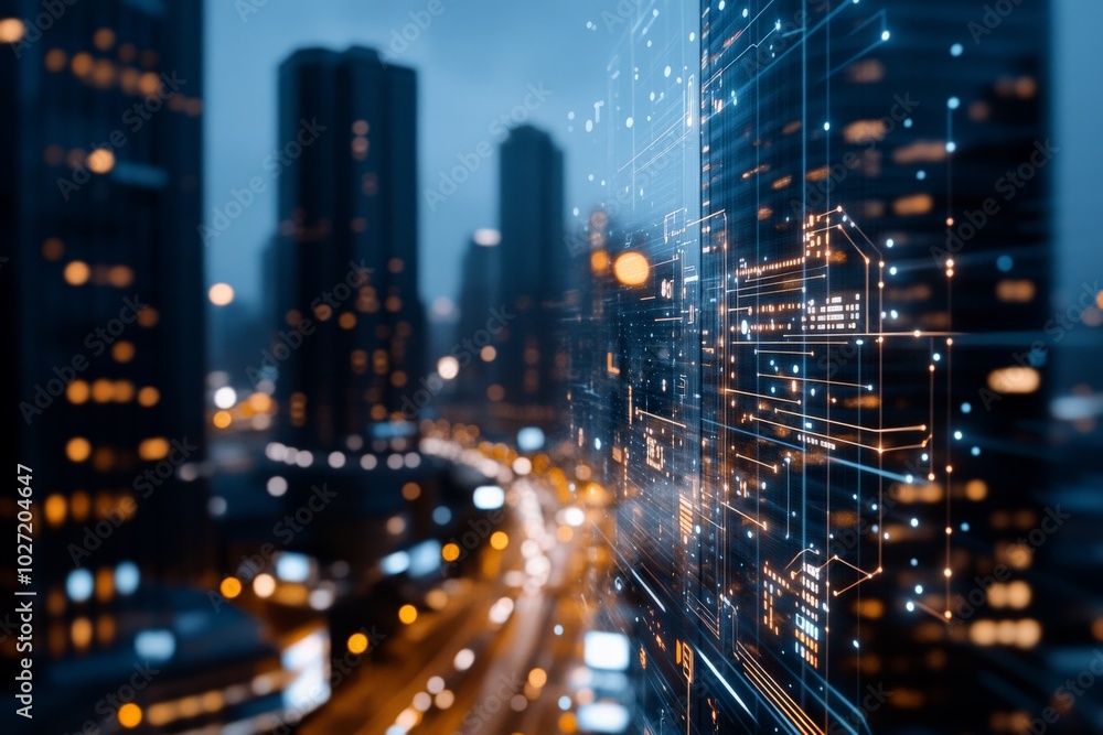 Poster a futuristic digital cityscape illuminated by bright data streams and abstract patterns, set within 