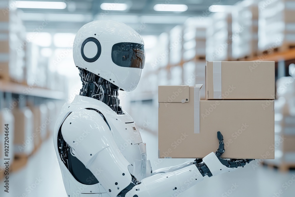Poster a robot holding cardboard boxes, positioned in a warehouse aisle filled with stacked products, embod