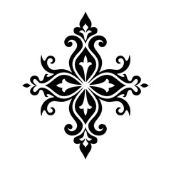 Ornamental floral design in black and white, intricate symmetrical pattern with arabesque motifs, decorative vector for logos, tattoos, textile, tile, and decor designs