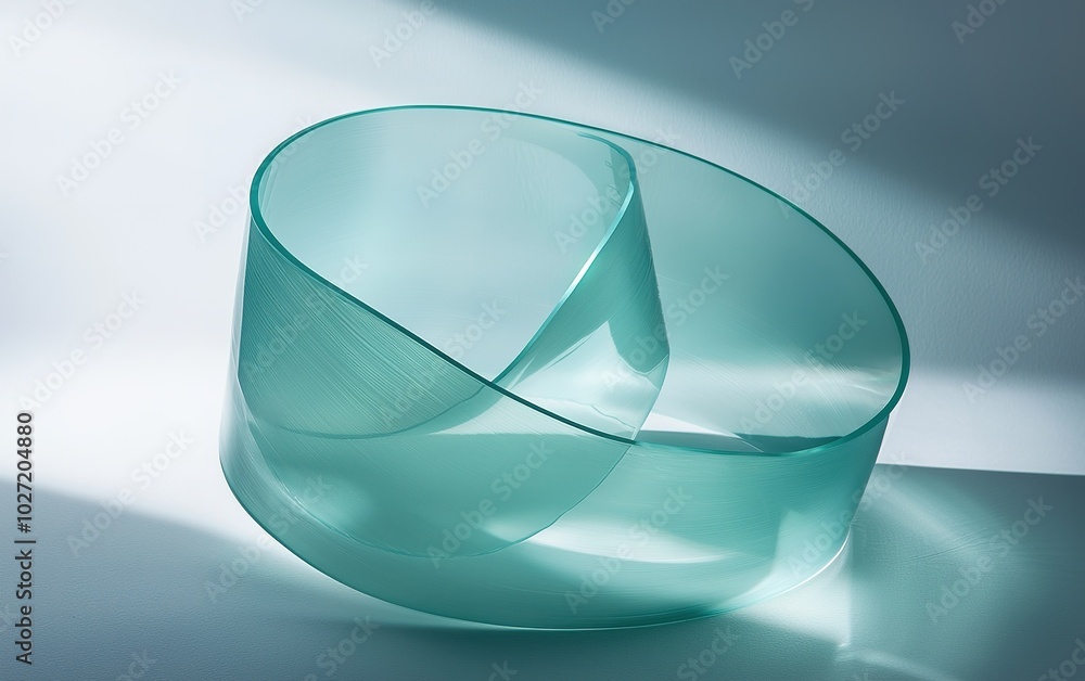 Poster transparent ribbon of flexible material elegantly twisted on a surface reflecting soft light