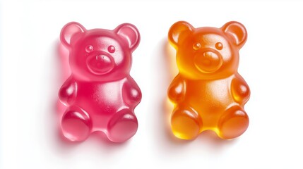 Two Gummy Bear Candies in Vibrant Pink and Bright Orange Placed Side by Side on Plain White Background with Glossy Translucent Appearance