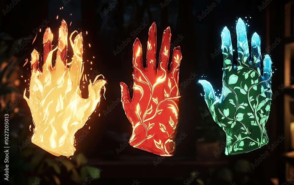 Poster three magical gloves displaying different elemental powers with vibrant designs representing fire, e