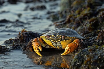 Close-up of a colorful crab resting on seaweed in a tide pool, reflecting in the water.