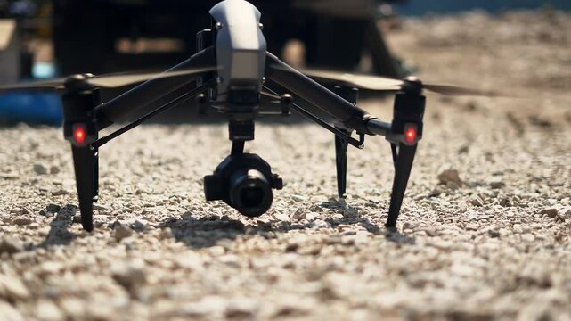 DJI Inspire drone with professional camera take off and fly in mountain environment. Editorial video.