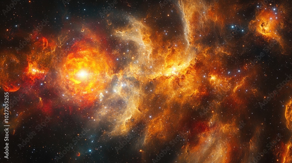 Poster an abstract cosmic background with vibrant nebula colors and stars, creating a stunning effect for c