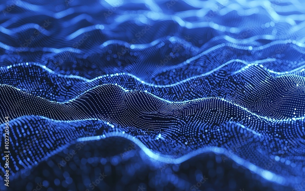 Fototapete a dynamic representation of blue waves formed by glowing particles in an abstract digital landscape 
