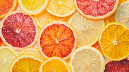 Top View of Vibrant Citrus Fruit Slices in Overlapping Layout, Oranges, Lemons, and Grapefruits in Bright and Colorful Close-Up