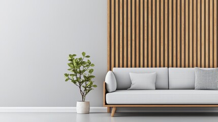 A modern living room featuring a light sofa, decorative cushions, a potted plant, and a wooden slat wall, creating a fresh and inviting atmosphere.