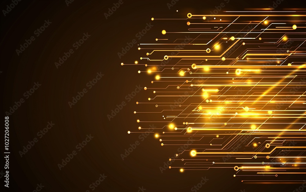Poster dynamic flow of golden lines and dots on a dark background showcasing digital energy and movement