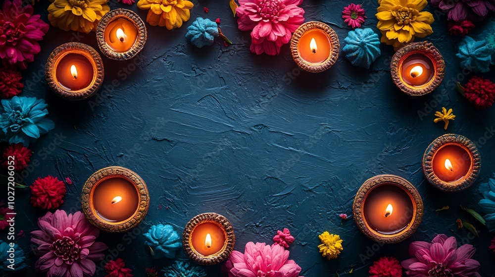 Poster colorful diwalithemed background featuring intricate rangoli patterns floating diya lanterns in vibr