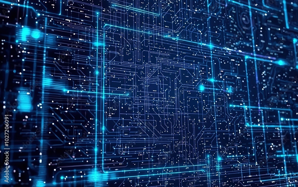 Poster blue abstract digital circuit patterns illuminated with glowing lines, evocative of technology and i
