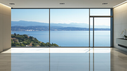 Modern beige living room by sea. Minimalist design. Large window. For stock photo or decor mag.