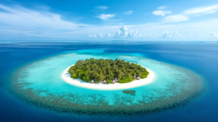 Aerial view of turquoise ocean and tropical island with Water Bungalows, Atoll, Maldives. Indian Ocean Nature touch