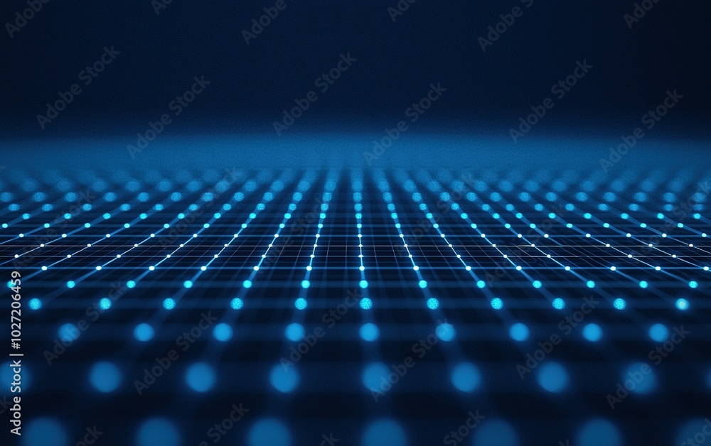 Poster digital grid with glowing blue dots creating a futuristic landscape against a dark background