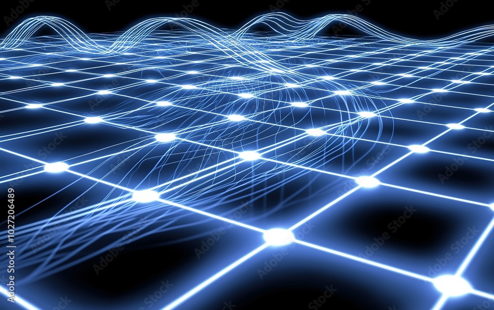 Poster a 3d grid showcasing dynamic light waves flowing smoothly across its surface in a dark, high-tech en