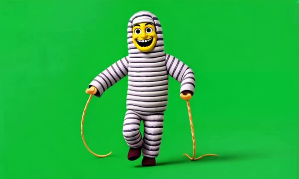 A claymation figure of a man dressed in stripes and a yellow head with a big smile holding two yellow strings.
