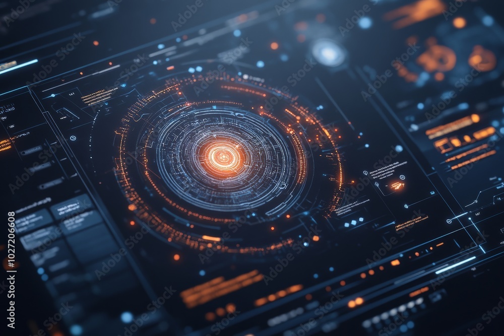 Poster a digital interface resembling a circular schematic, featuring intricate details and a glowing orang