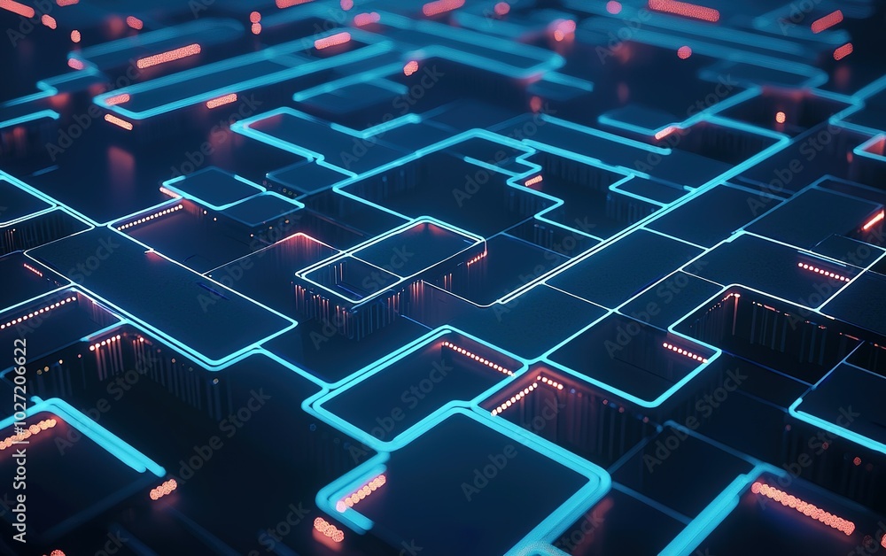 Aufkleber abstract futuristic circuit board design with glowing blue and pink lines on a dark background in a 