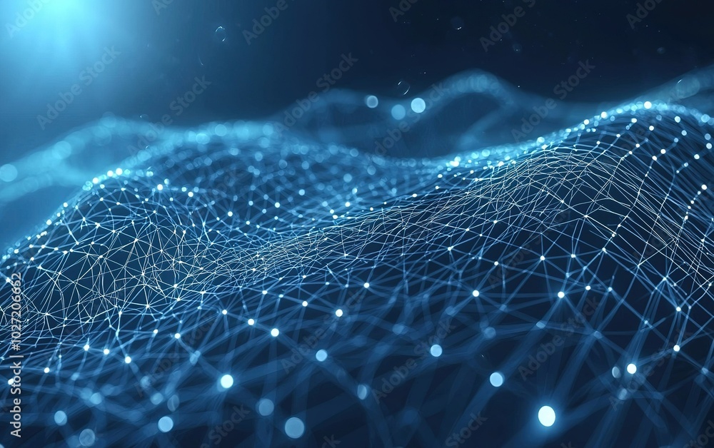 Poster abstract representation of interconnected data points in a digital landscape at nighttime with glowi