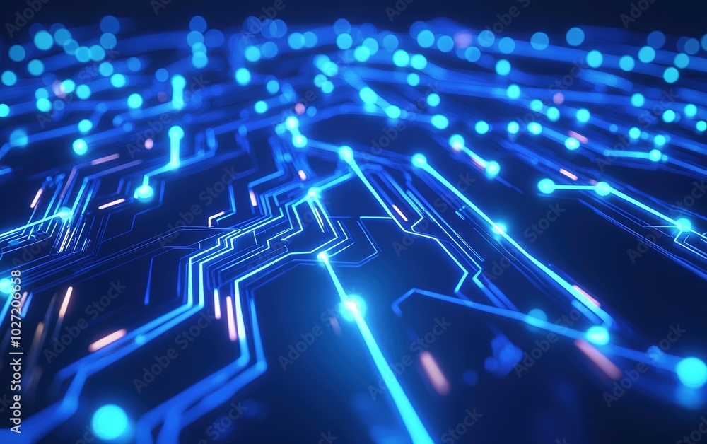 Poster vivid blue illuminated circuit board close-up showcasing intricate electronic pathways and connectio