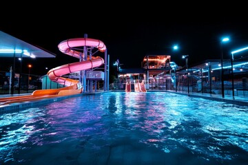 A captivating night scene of an amusement park water slide, illuminated with vibrant lights, creating a lively and thrilling atmosphere, ideal for leisure.