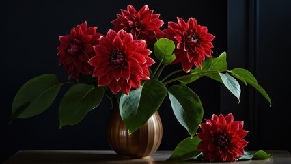 Elegant monstera and ginger with red dahlias display, great for home decor mockups, floral design templates, and tropical illustrations