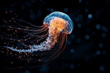 A stunning jellyfish glows with bioluminescent beauty against a dark ocean background. Its tentacles and translucent body create an ethereal underwater spectacle.