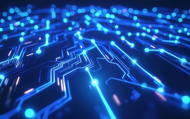 Obraz premium Vivid blue illuminated circuit board close-up showcasing intricate electronic pathways and connections in a dark setting