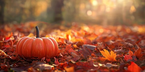 Vibrant autumn-themed landscape banner with orange pumpkin amidst red and brown fallen leaves under warm golden sunlight creating a cozy atmosphere