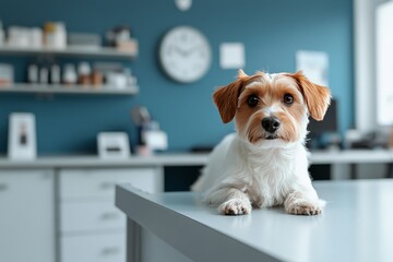 A small, adorable puppy with brown and white fur lies on a veterinary examination table. The setting is warm and friendly, suggesting care and affection for pets.