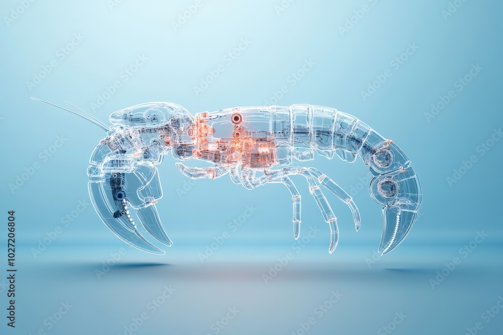 Poster A mechanical lobster exhibit showing its transparent form with complex internal gears and robotic components, symbolizing a blend of nature and robotics innovation.
