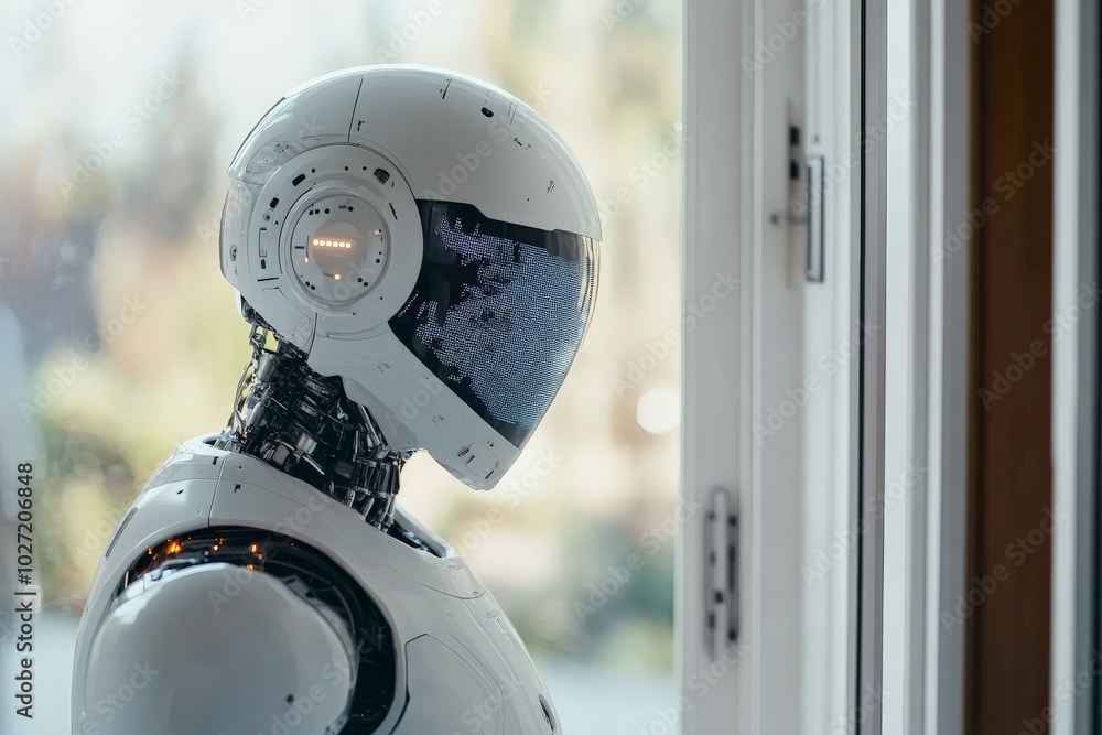 Poster a sleek white robot stands by a window, its face shield reflecting light. this image explores themes
