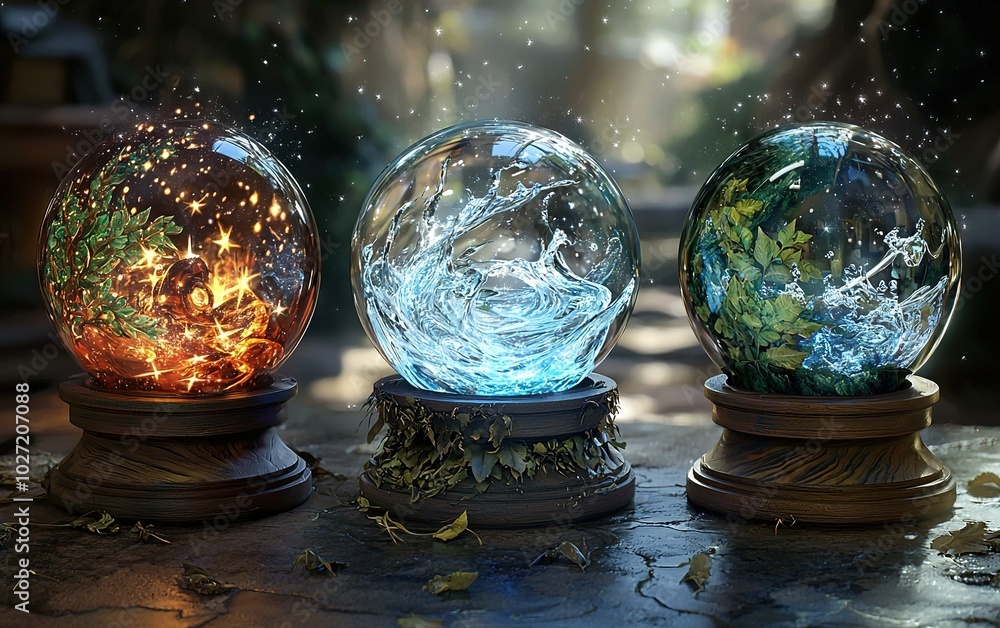 Poster three enchanting crystal orbs depicting nature's elements, captured in a magical setting with soft l