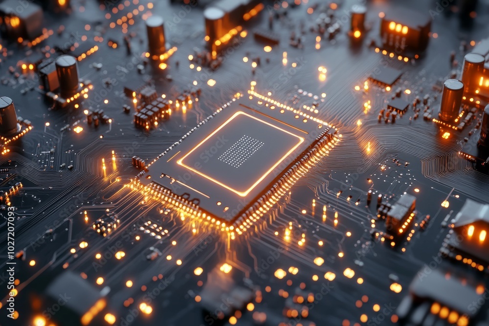 Poster a macro image showcasing a glowing microchip situated on an intricately patterned circuit board, hig