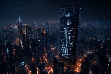 A stunning aerial view of a cityscape with skyscrapers glowing amidst a dark night sky, showcasing an urban landscape teeming with energy and life.