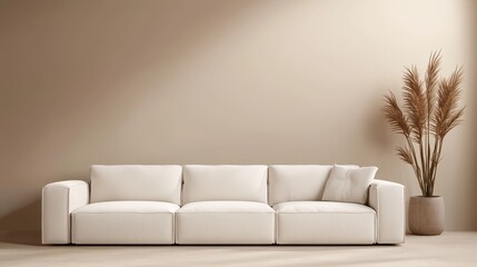 A modern, minimalist living room features a cozy beige sofa against a warm wall, complemented by a stylish decorative plant.