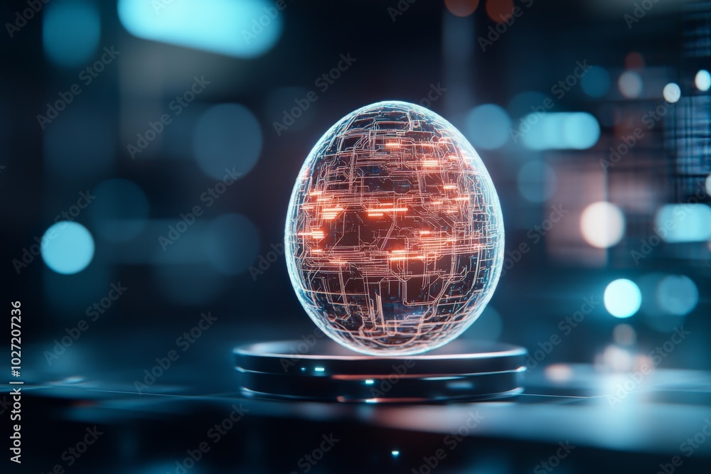 Poster a futuristic egg-shaped structure with glowing network-like patterns stands on a digital platform, e