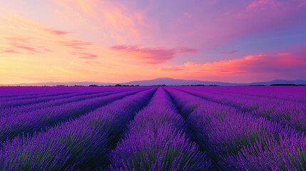 Landscape of purple lavender fields with green. Beautiful French blooming scenic Sunset violet lavender flower field.