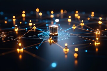 A digital illustration showcasing a central server connected to various glowing nodes, symbolizing a networked world and modern technological advancements.