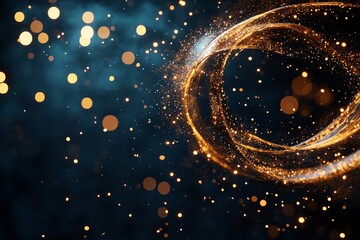 A stunning abstract image of swirling golden light trails accompanied by bokeh dots against a dark background, symbolizing energy, motion, and visual allure.