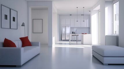 A modern, minimalist living space featuring white walls, sleek furniture, and red accents, allowing for ample natural light.