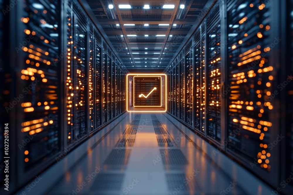 Poster a modern data center showcases illuminated server racks, symbolizing high-tech capabilities, digital