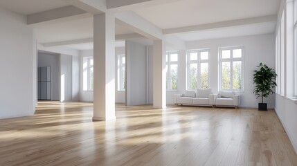 A bright, spacious room with wooden flooring, large windows, and minimal furniture, creating a modern and inviting atmosphere.