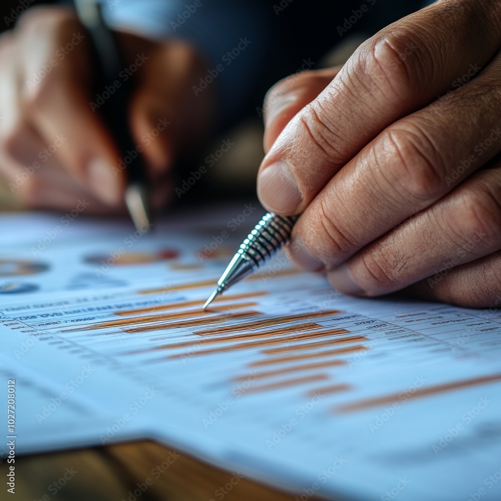 Canvas Prints Close up of businessman's hands analyzing financial graphs with pen.