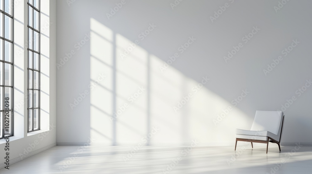 Poster a minimalist room with large windows, featuring soft light casting shadows on a simple chair and emp