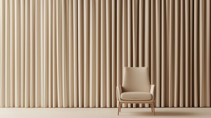 A minimalist room features a single chair against a textured, vertical-striped wall in soft beige tones, creating a cozy and serene atmosphere.