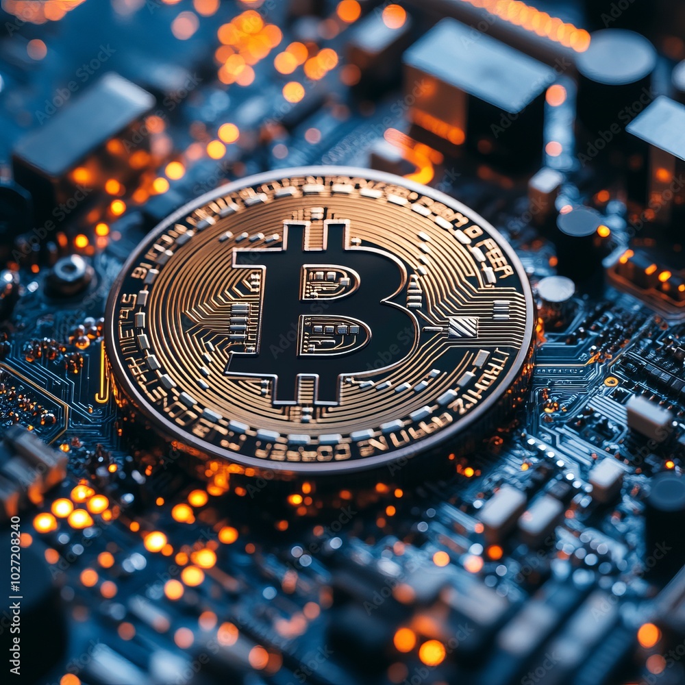 Wall mural Close-up of a Bitcoin cryptocurrency coin on a circuit board.