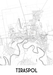 A detailed black and white map of Tiraspol, a city in Moldova. The map showcases the city's street network, including major roads and smaller streets. A winding river flows through the city